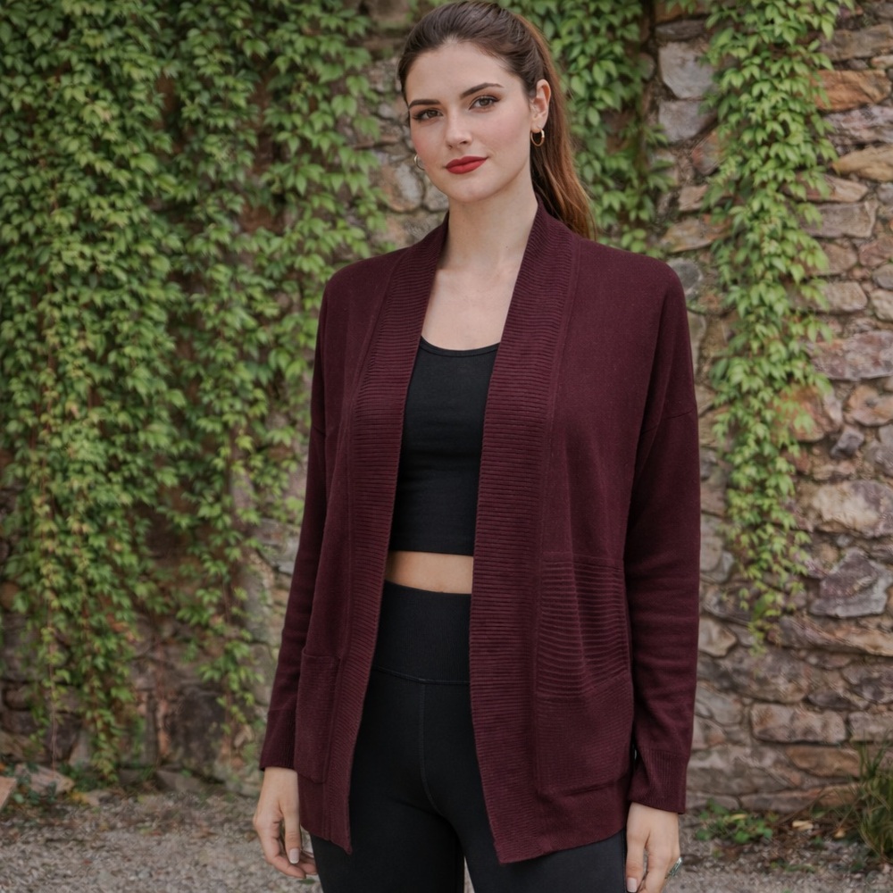 LULULEMON Heathered Plum Athleisure Rib Knit Merino Wool Open Cardigan Sweater 4